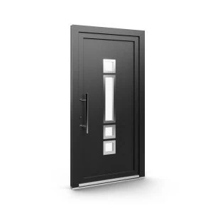 Modern silver door handle and secure multi-point lock system on uPVC front door