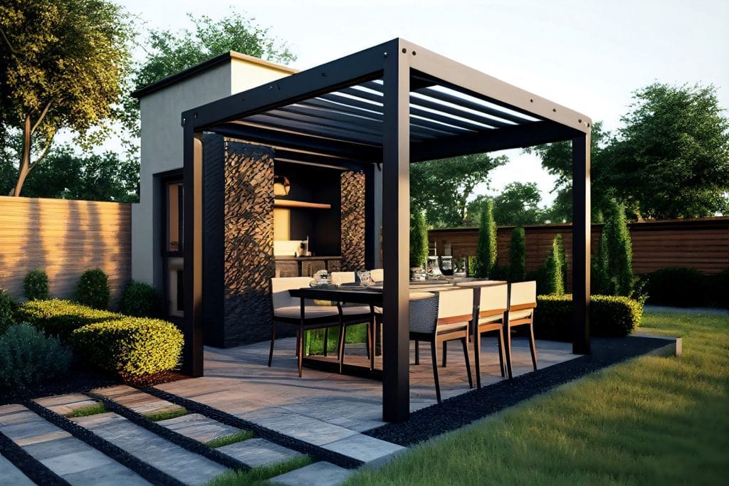 Modern patio furniture includes a pergola shade structure, an aw