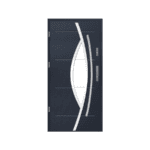 Modern steel front door with curved glass insert and horizontal lines in a sleek dark finish