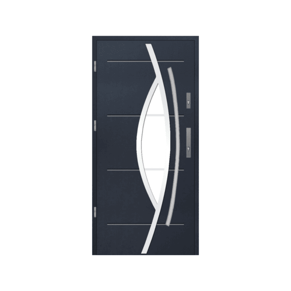 Modern steel front door with curved glass insert and horizontal lines in a sleek dark finish