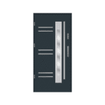 A black steel door with a glass panel.