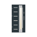 A modern steel door with glass panels.