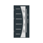 Anthracite steel door with a silver handle and glass panels.