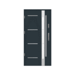 A modern steel door with a glass panel.