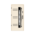A door with a glass panel and a metal handle.