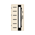 A door with a glass panel and a black frame.