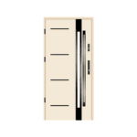 A white door with black trim and glass panels.