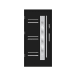 A black door with a glass panel and a metal handle.