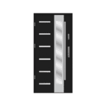 A black door with a silver frame and glass panels.