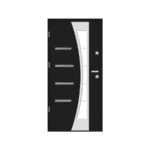 A black door with a white glass panel.
