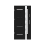 A modern black door with a white handle.