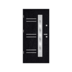 A modern black door with a white panel.