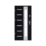 A modern black door with glass panels.