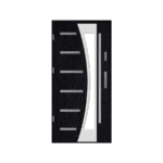 A modern black door with a glass panel.
