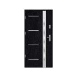 A modern black door with a white handle.