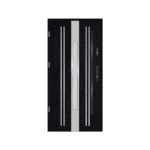 A black door with white and silver stripes.