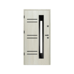 A white door with black and white panels.