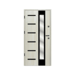 A white door with black and white trim.