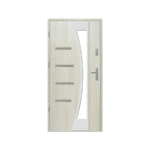 A white door with a glass panel and a metal handle.