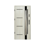 A modern white door with black trim and glass panels.