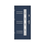A blue steel door with a glass panel.
