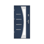 A modern steel door with a blue glass panel.