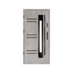 A modern metal door with a glass panel.
