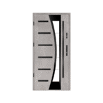 A modern metal door with a glass panel.
