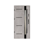 A modern concrete door with a glass panel.
