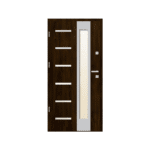 A modern wooden door with glass panels.