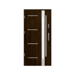 A modern wooden door with glass panels.