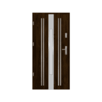 A modern wooden door with a glass panel.