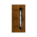 A wooden door with a glass panel and metal handle.