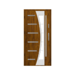 A modern wooden door with glass panels.