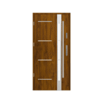 A modern wooden door with a glass panel.