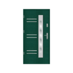 A green door with a metal handle and glass panel.