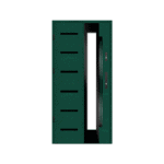 A green door with a black frame and glass panel.