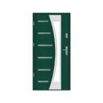 A green door with a white frame and glass panel.