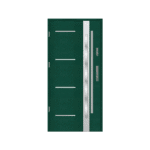 A modern green door with a metal frame.
