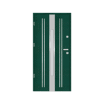 A green door with a silver stripe on the side.