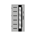 A door with a glass panel and a metal frame.