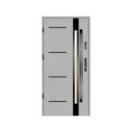 A modern steel door with a glass panel.