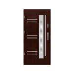 A modern wooden door with glass panels.