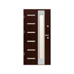 A modern wooden door with glass panels.