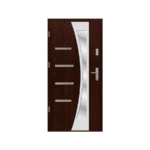 A modern wooden door with a glass panel.
