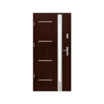 A modern wooden door with a glass panel.