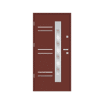 A door with a red handle and glass panels.