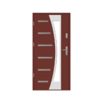 A door with a glass panel and metal frame.