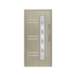 A door with a glass panel and a metal handle.
