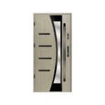 A modern door with a curved glass panel.